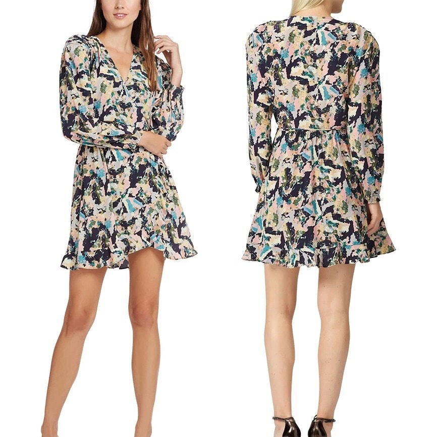 Iro Bloomy Wrap Mini Dress 34 Multicolor Floral Long Sleeve Ruffle Hem